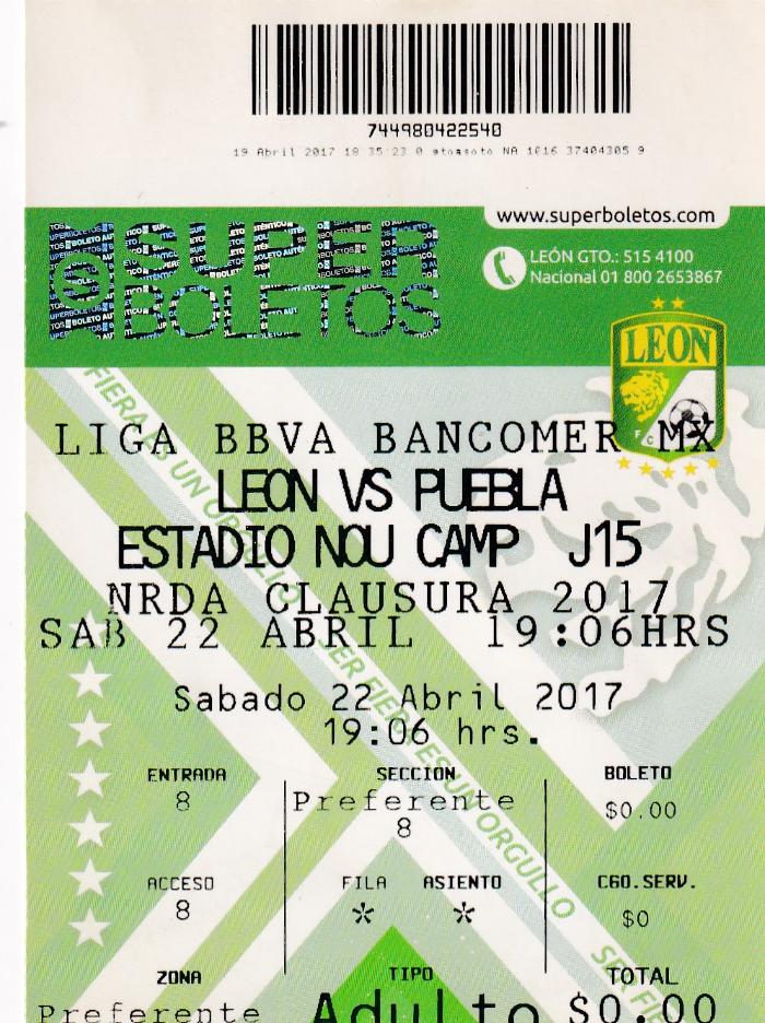 Boleto León vs Puebla, Clausura 2017