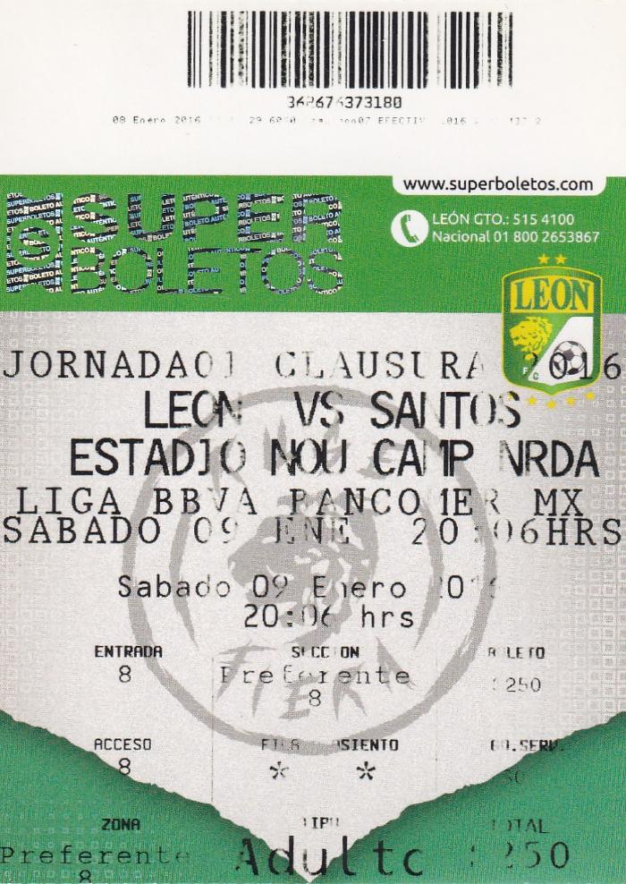Boleto León vs Santos, Clausura 2016
