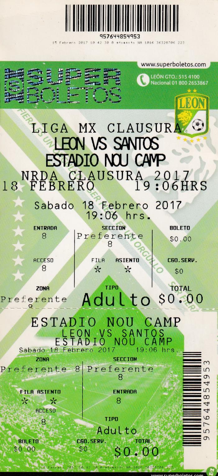 Boleto León vs Santos, Clausura 2017