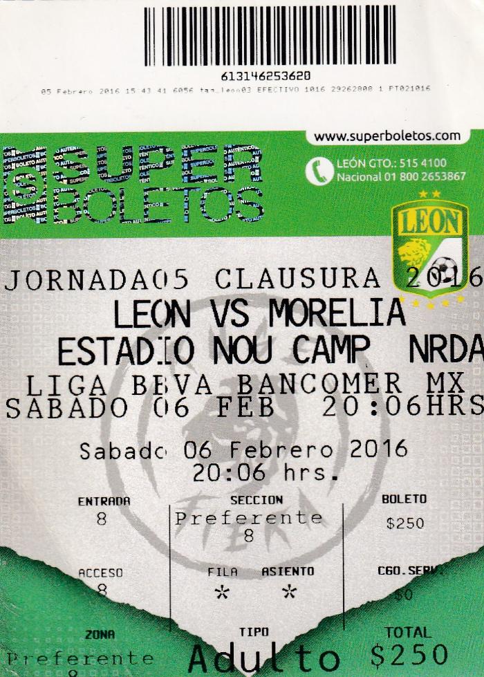 Boleto León vs Morelia, Clausura 2016