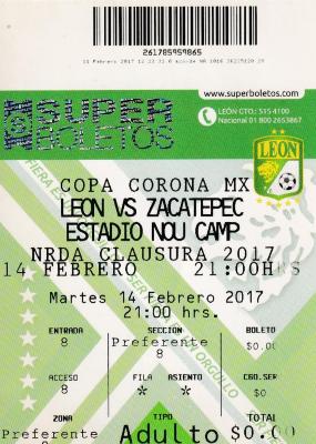 Boleto León vs Zacatepec, Copa Corona MX 2017