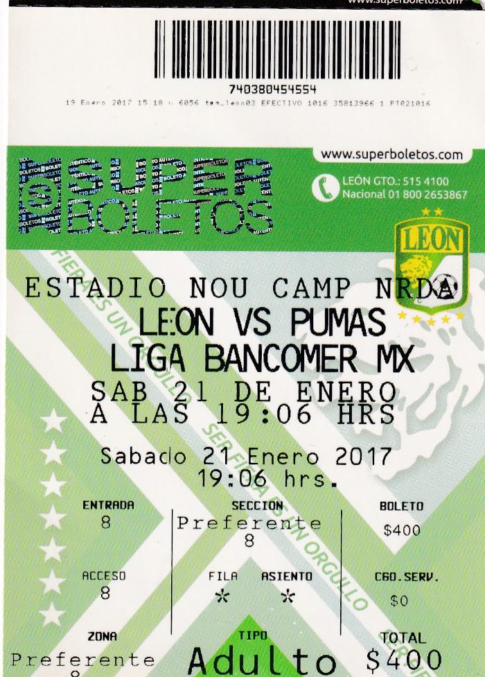 Boleto León vs Pumas, Clausura 2017