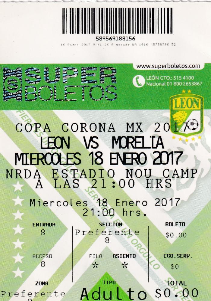 Boleto León vs Morelia, Copa Corona MX 2017