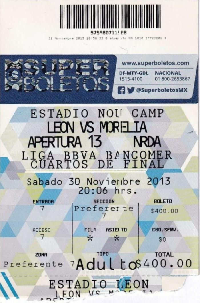 Boleto León vs Morelia, cuartos de final 2013