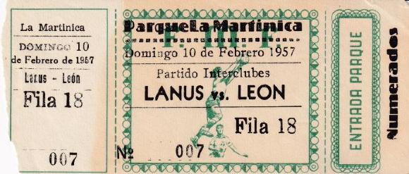 Boleto León vs Lanús de Argentina, 1957