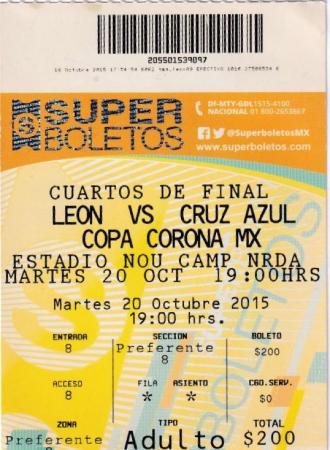 Boleto León vs Cruz Azul, cuartos de final Copa Corona MX 2015