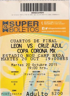 Boleto León vs Cruz Azul, cuartos de final Copa Corona MX 2015