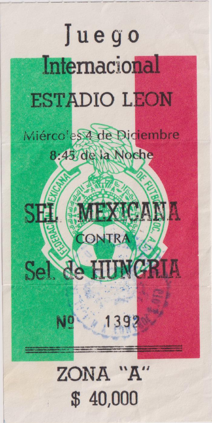 Boleto partido amistoso México vs Hungría, 1991