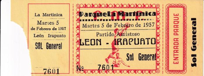 Boleto partido amistoso León vs Irapuato, 1957