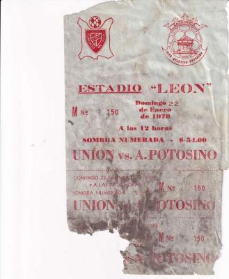 Boleto Unión de Curtidores vs Atlético Potosino, 1978