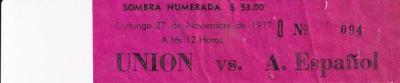 Boleto Unión de Curtidores vs Atlético Español, 1977