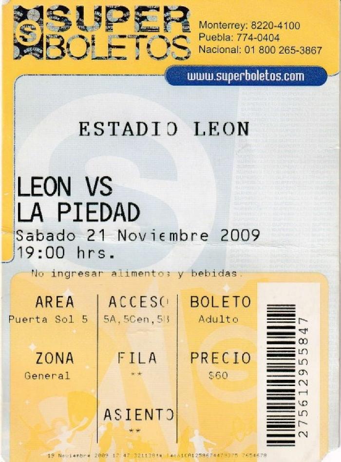 Boleto León vs La Piedad, Apertura 2009