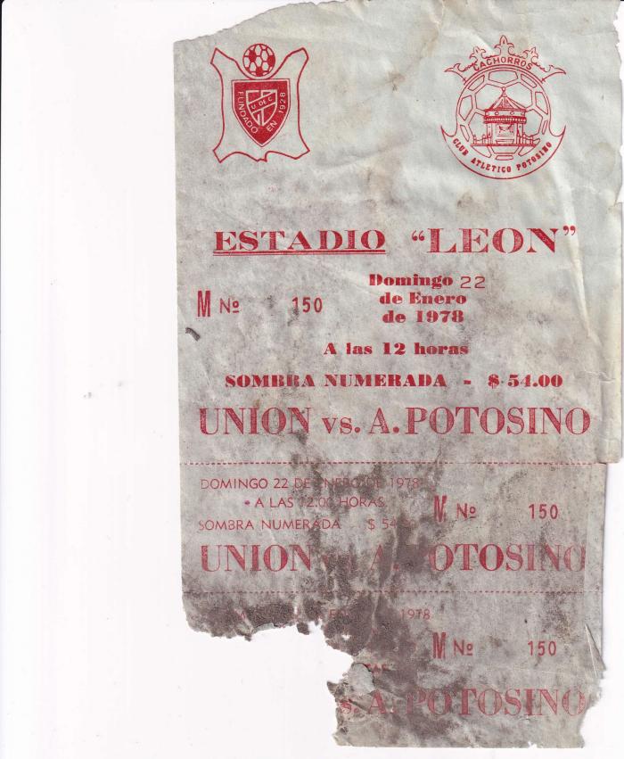 Boleto Unión de Curtidores vs Atlético Potosino, 1978