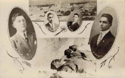 Postal del fallecimiento de Salvador Vargas, Nicolas Navarro, Ezequiel Gómez y J. Valencia Gallardo, 1927.